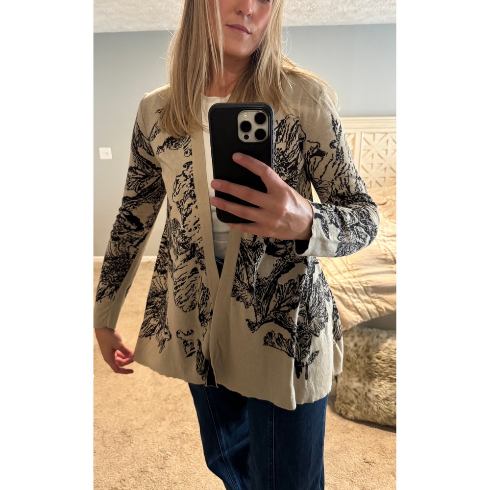 J. Jill Tan Black Floral Cotton Open Front Cardigan Sweater Small Missy